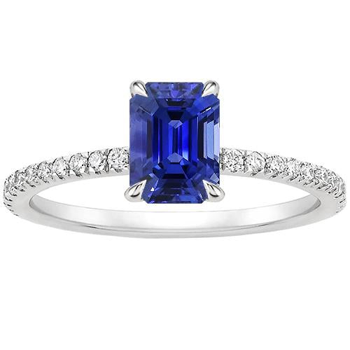 White Gold Diamond & Emerald Blue Sapphire Ring 4 Carats Pave Setting