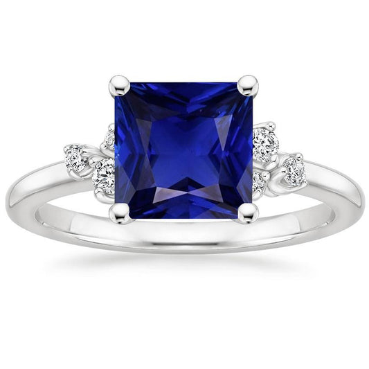 White Gold Diamond & Gemstone Ring 6 Carats Princess Cut Blue Sapphire