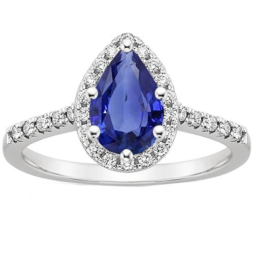 White Gold Diamond Halo Gemstone Ring 6 Carats Pear Cut Blue Sapphire