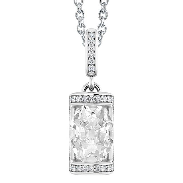 White Gold Diamond Pendant Bar Set Oval Old Cut 4 Carats 14K