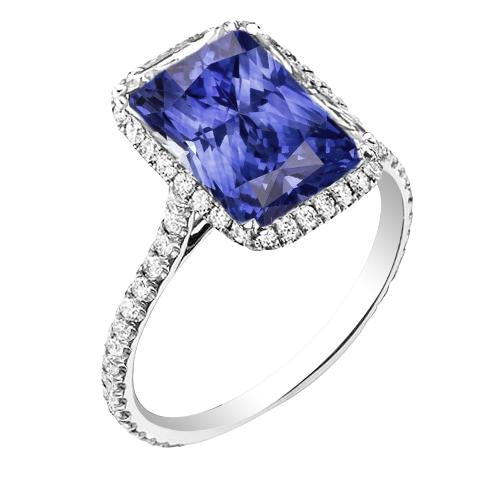White Gold Diamond Ring Women's Halo Radiant Cut Sapphire 4 Carats