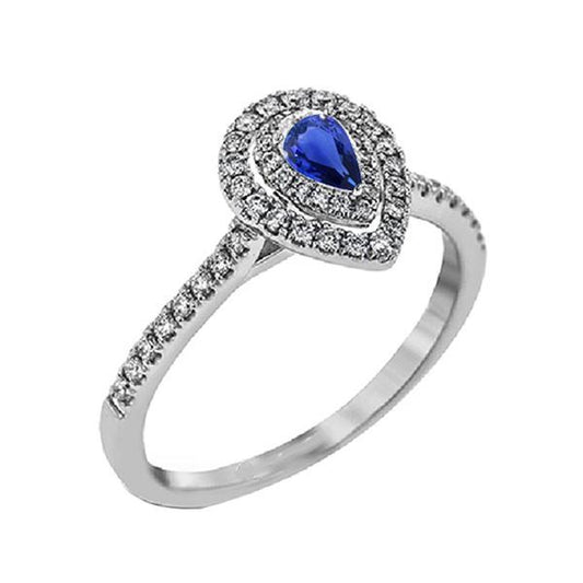 White Gold Double Halo Diamond Ring Pear Blue Sapphire 2.50 Carats