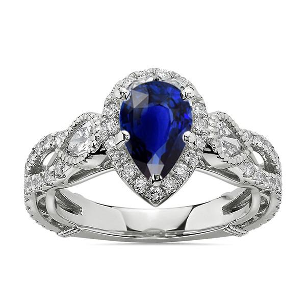White Gold Halo Blue Sapphire Ring & Diamonds 4 Carats