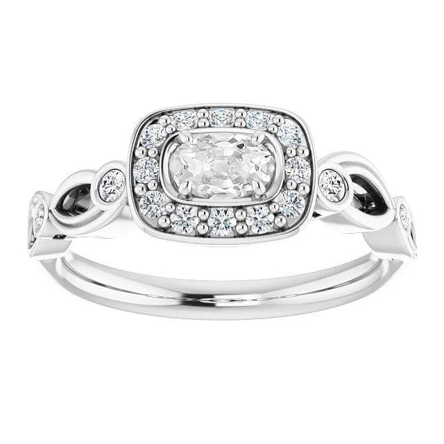 White Gold Halo Oval Old Cut & Black Diamond Ring Bezel Set 4 Carats