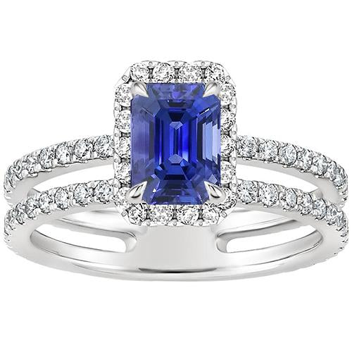 White Gold Halo Ring Radiant Blue Sapphire & Diamond 5 Carats
