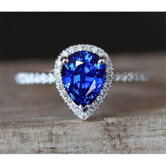 White Gold Jewelry 3.25 Carats Pear Diamond And Sapphire Ring
