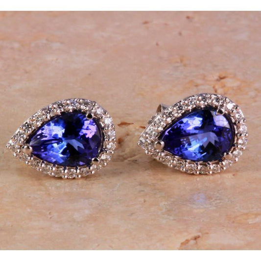 White Gold Pear Tanzanite With Diamonds 5 Carats Stud Earrings