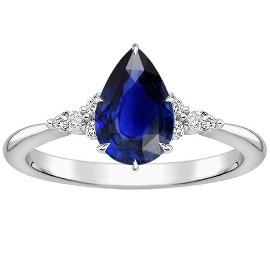 Women Diamond Anniversary Ring Pear Cut Blue Sapphire Center 5 Carats
