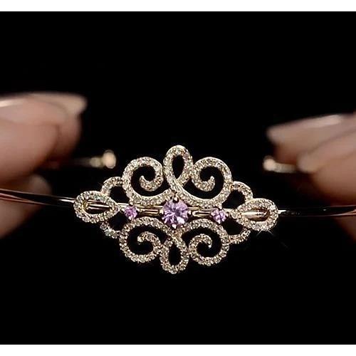 Women Diamond Bangle Pink Sapphire 5 Carats Yellow Gold 14K