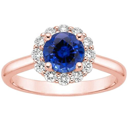 Women Diamond Halo Ring Flower Style Blue Sapphire 3 Carats Rose Gold