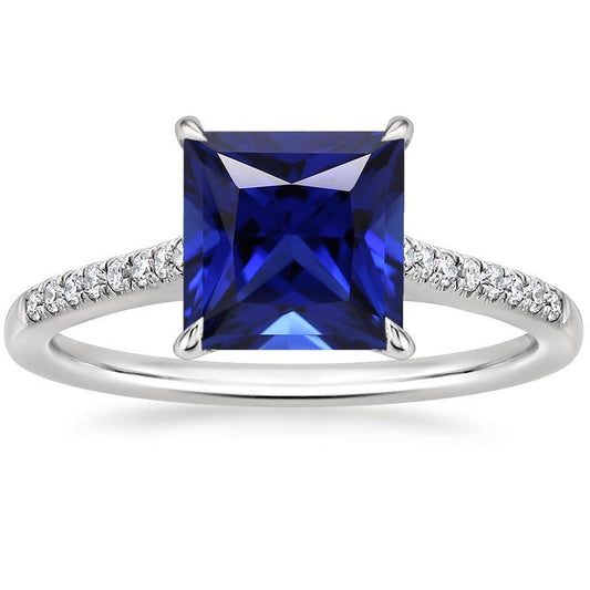 Women Gold Princess Blue Sapphire & Diamond Engagement Ring 5.50 Carat