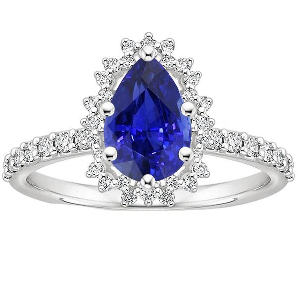 Women Halo Ring Flower Style Pear Ceylon Sapphire & Diamonds 5 Carats