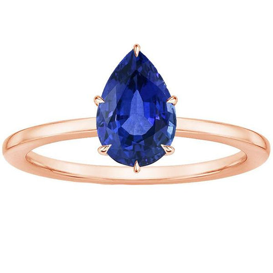 Women Solitaire Ring Rose Gold Pear Ceylon Sapphire Prong Set 4 Carats