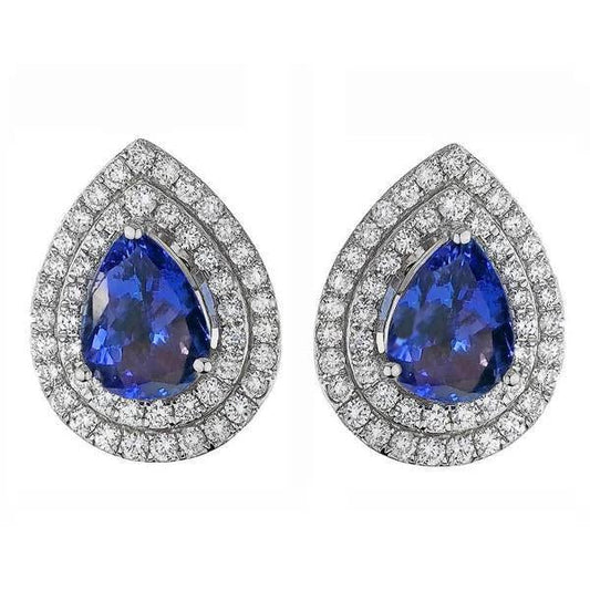 Women Stud Pave Halo Earrings 3.96 Carats Blue Tanzanite & Diamonds