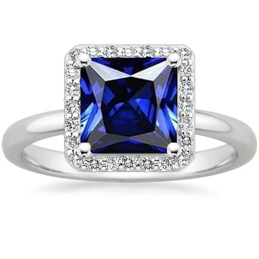 Women White Gold Diamond Halo Princess Blue Sapphire Ring 5.50 Carats