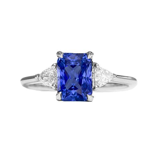 Women’s 3 Stone Radiant Sapphire Ring & Trillion Diamonds 2.25 Carats