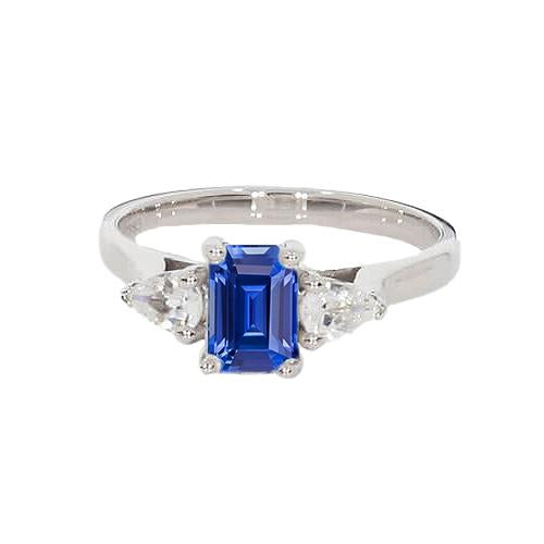 Women’s 3 Stone Ring Emerald Ceylon Sapphire & Pear Diamonds 2 Carats