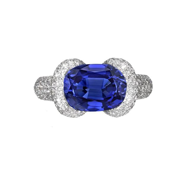 Women’s Diamond Ring Oval Blue Sapphire 4 Carats Gold 14K Jewelry