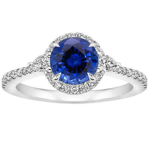 Women's Pear Diamond And Round Ceylon Sapphire Gemstone Ring 3 Carats