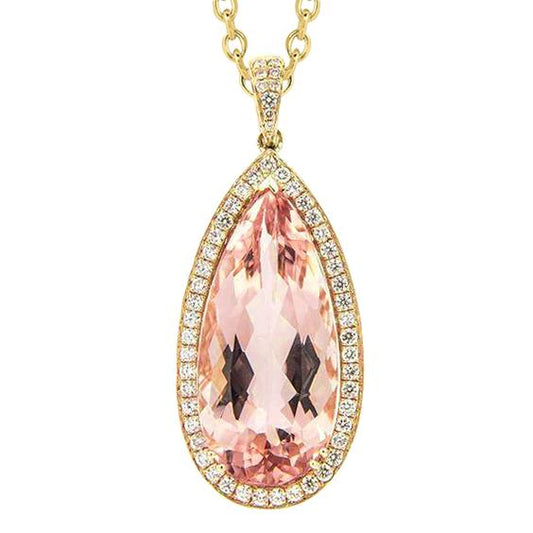 Yellow Gold 14K 16 Ct Big Morganite With Diamonds Pendant Necklace