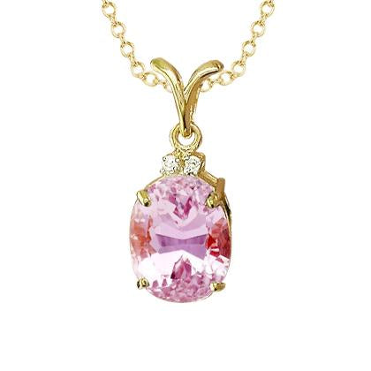 Yellow Gold 14K Pink Oval 12.15 Carats Kunzite With Diamond Pendant