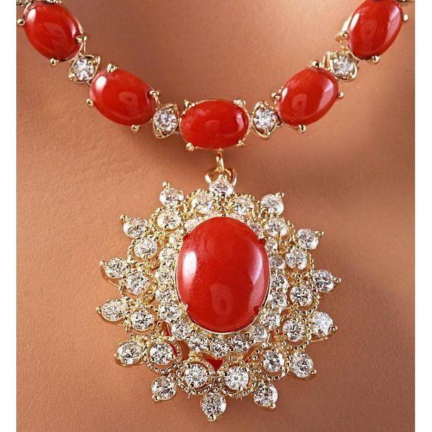 Yellow Gold 46 Ct. Red Coral And Diamonds Pendant Necklace New