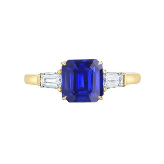 Yellow Gold Diamond Ring 2 Carats Asscher Cut Ceylon Sapphire 3 Stone