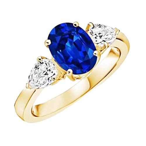 Yellow Gold Oval Blue Sapphire & Pear Diamond 3 Stone Ring 5.25 Carats