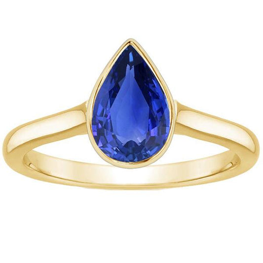 Yellow Gold Solitaire Ring Bezel Set Sri Lankan Sapphire Pear 4 Carats