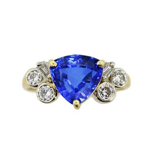 Yellow Gold Trillion Cut Sri Lanka Sapphire Diamonds 6.11 Ct. Ring