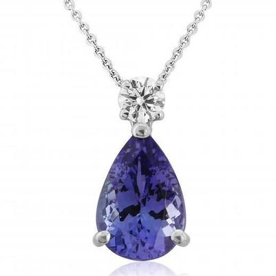 Big Pear Tanzanite And Round Diamond 18 Ct Pendant White Gold 14K