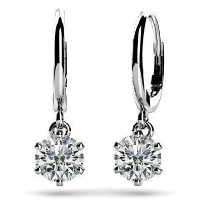 Six Prong Setting Round Cut 2 Carats Diamond Drop Earring White Gold