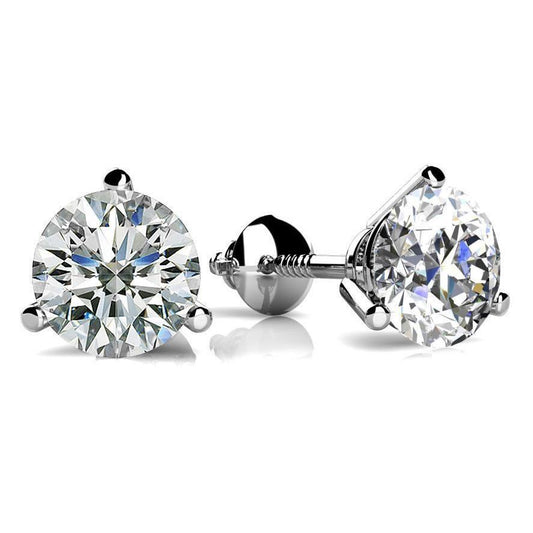 Three Prong 2 Carats Round Cut Diamonds Stud Earring White Gold 14K