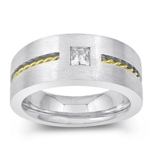 0.35 Carat Princess Cut Real Diamond Men's Solitaire Ring Two Tone Gold 14K