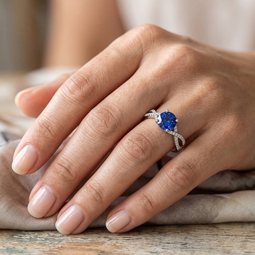 1.35 Ct Round Ceylon Sapphire Natural Earth Mined Diamond Wedding Ring