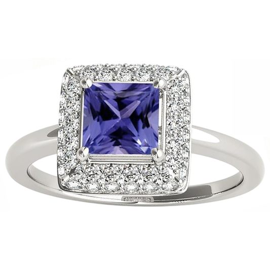 1.5 Ct Princess Cut Tanzanite With Natural Earth Mined Diamond Ring White Gold