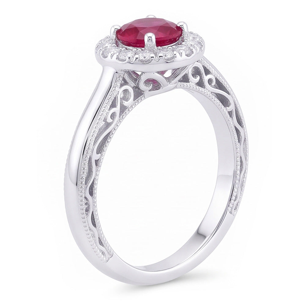1.5 Ct Round Cut Red Sapphire Natural Earth Mined Diamond Ring White Gold
