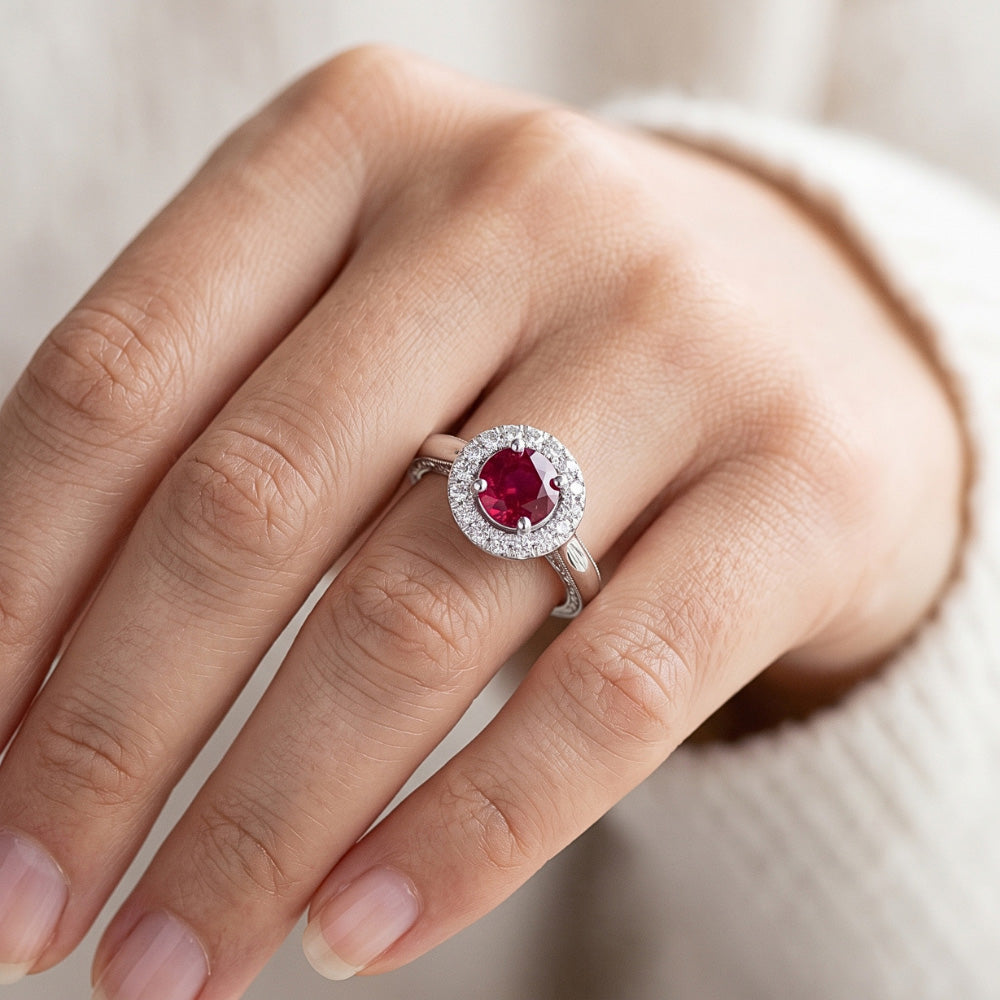 1.5 Ct Round Cut Red Sapphire Natural Earth Mined Diamond Ring White Gold