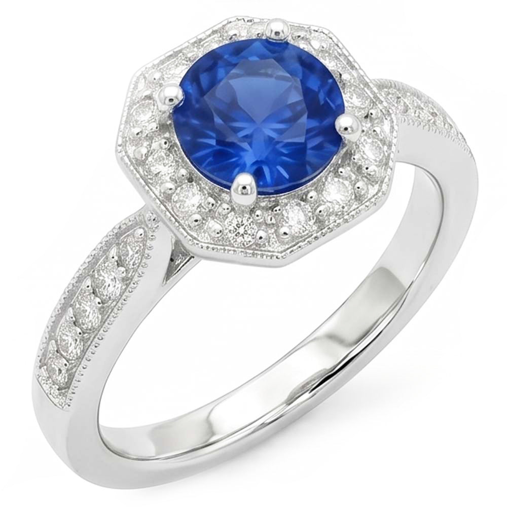 1.5 Ct Sapphire And Natural Earth Mined Diamond Wedding Ring 14K White Gold