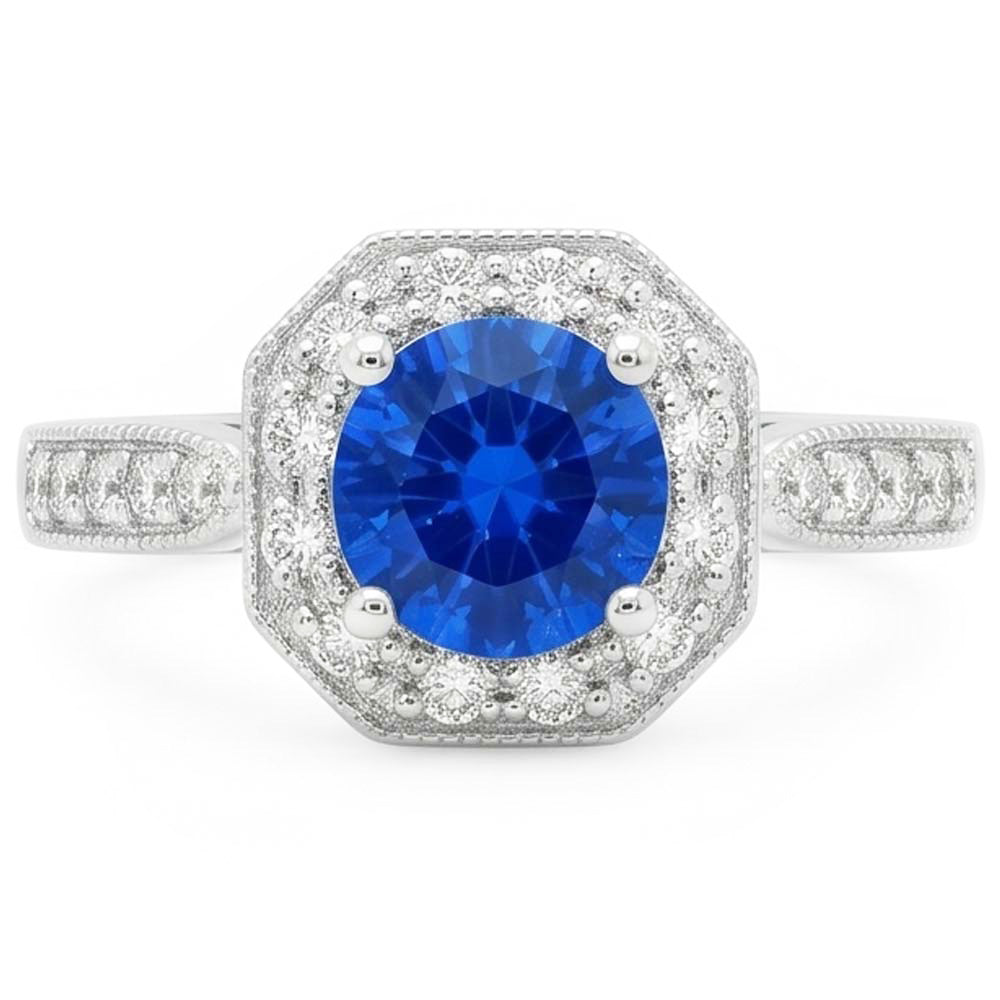 1.5 Ct Sapphire And Natural Earth Mined Diamond Wedding Ring 14K White Gold