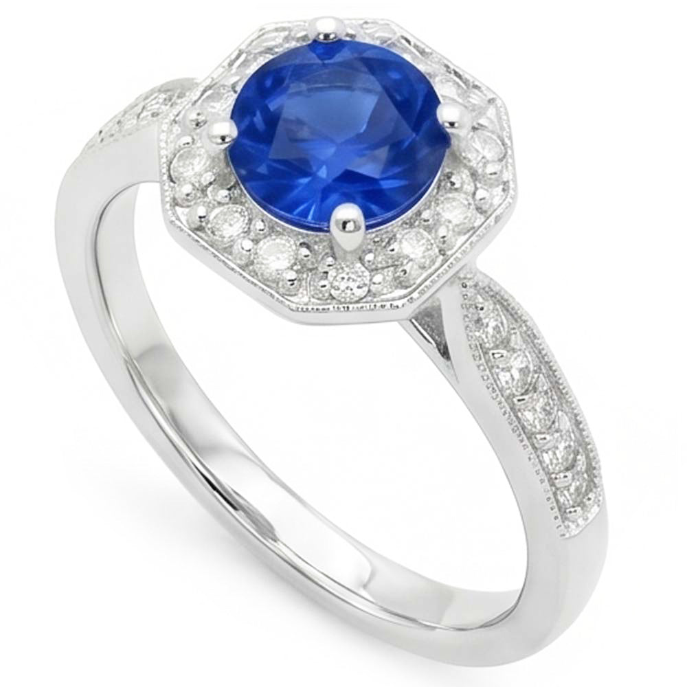 1.5 Ct Sapphire And Natural Earth Mined Diamond Wedding Ring 14K White Gold