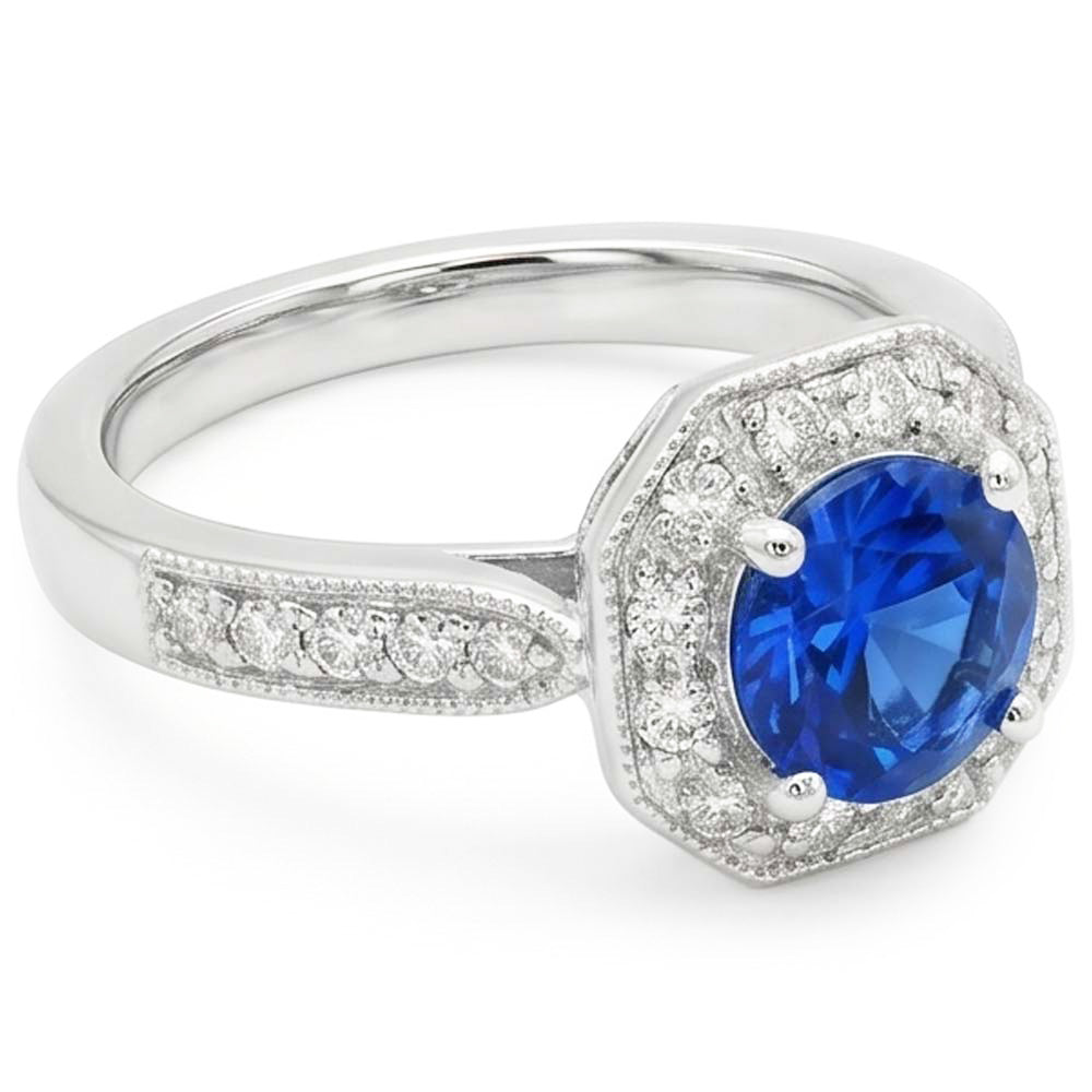 1.5 Ct Sapphire And Natural Earth Mined Diamond Wedding Ring 14K White Gold