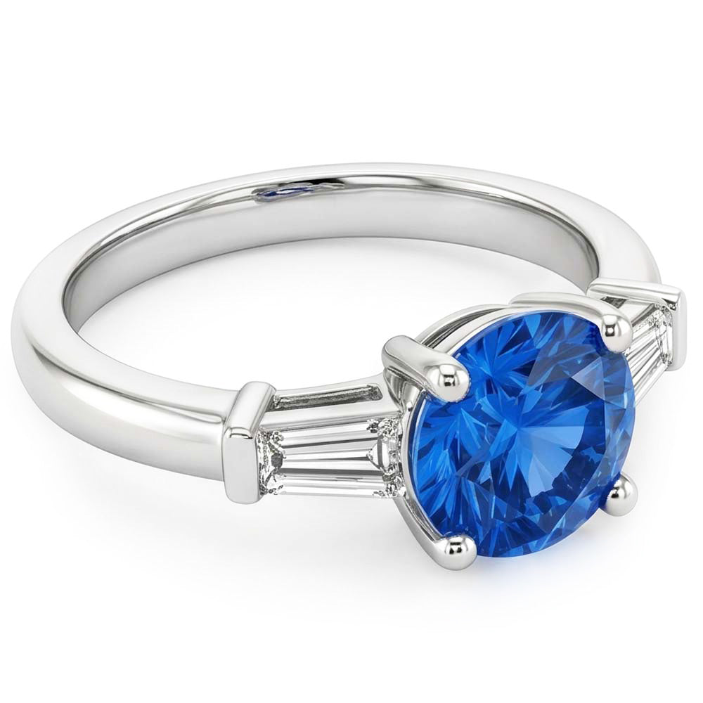 1.5 Ct Sri Lanka Sapphire And Baguette Natural Earth Mined Diamond 3 Stone Ring