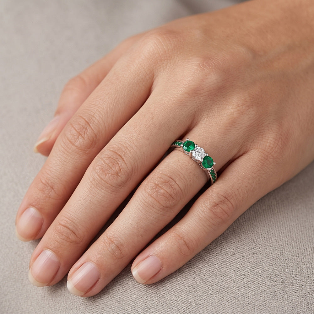 1.50 Carats Emerald & Natural Earth Mined Diamond Ring White Gold 14K