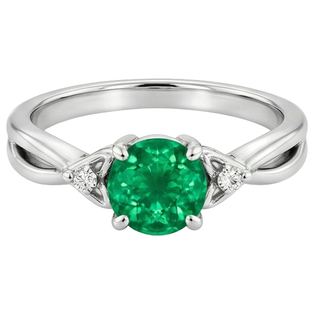 1.50 Carats Green Emerald Ring Twisted Shank White Gold 14K