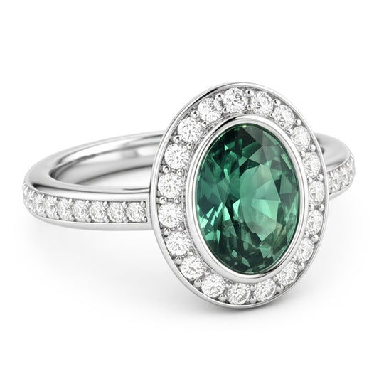 1.50 Carats Green Oval Sapphire And Natural Earth Mined DIAMOND ( NOT LAB GROWN ) Ring White Gold 14K