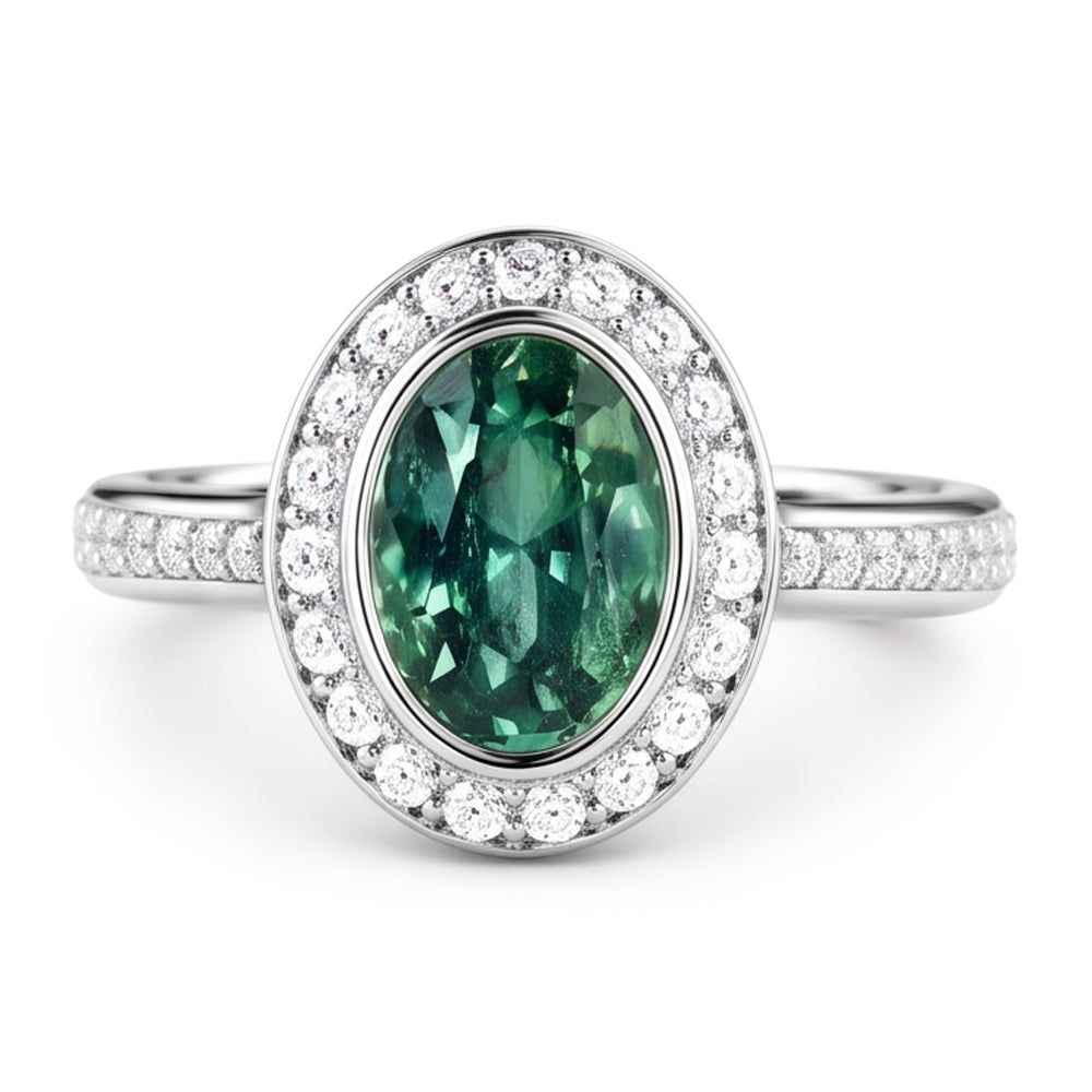 1.50 Carats Green Oval Sapphire And Natural Earth Mined DIAMOND ( NOT LAB GROWN ) Ring White Gold 14K