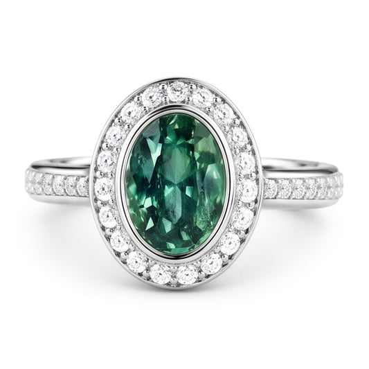 1.50 Carats Green Oval Sapphire And Natural Earth Mined DIAMOND ( NOT LAB GROWN ) Ring White Gold 14K