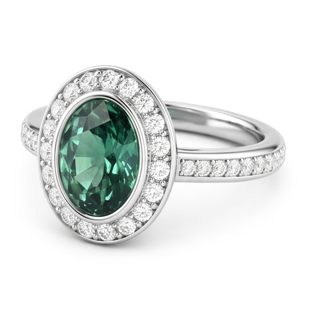 1.50 Carats Green Oval Sapphire And Natural Earth Mined DIAMOND ( NOT LAB GROWN ) Ring White Gold 14K