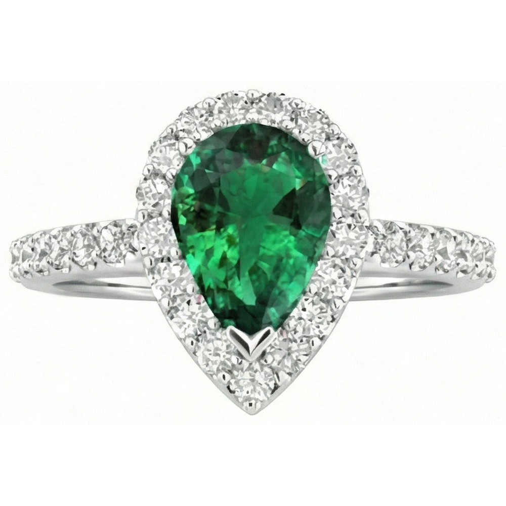1.50 Ct Pear Cut Green Emerald And Natural Earth Mined Diamond Ring